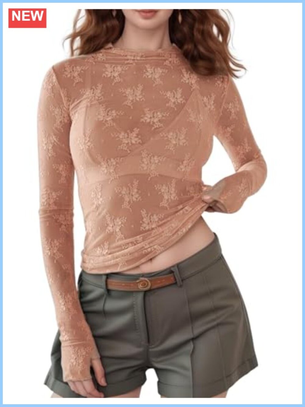 Sheer Floral Lace Mesh Mock Neck Long Sleeve Layering Blouse Top